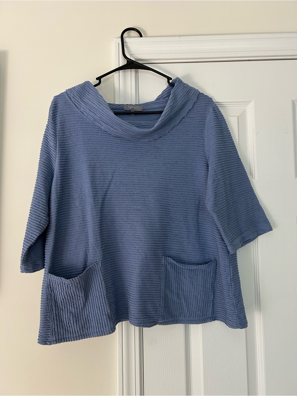 Habitat Dusty Blue Ribbed Short-Sleeve Pullover with Cowl Neck-100% cotton